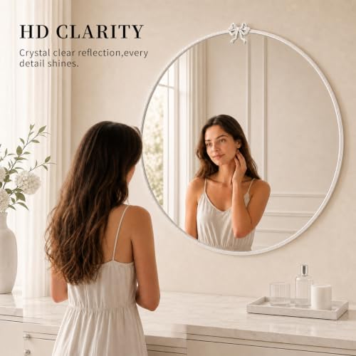 Image of 32 Inch White Circle Mirror, Bow Round Wall Mirror Vintage Decor