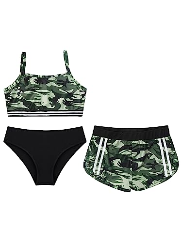 Girls 3 Piece Bathing Suit Printed Beach Swimwear Bikini Set with Shorts Kids Athletic Tankini Swimsuits3