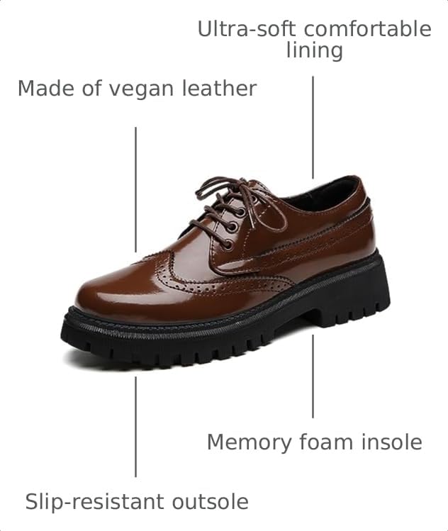 Image of Womens Vintage Oxford Shoes Platform Lace-up Round Toe Patent Leather Brogues Casual Oxfords for Girls Ladies Women