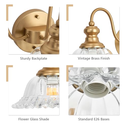 Image of 4 Lights Gold Vintage Bathroom Vanity Light Fixture Over Mirror | Floral Transparent Glass Shades,Antique Wall Sconces,Wall Mount Up or Down, E26 Socket, Hardwired