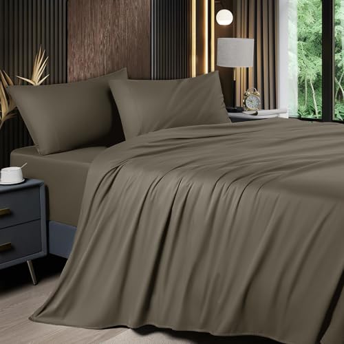 Image of Shilucheng 4 Piece Full Sheet Sets, Cooling Sheets, Blend Rayon Derived from Bamboo, Deep Pocket Up to 16 inch, Breathable & Soft Bed Sheets, Hotel Silky Bedding Set, Taupe