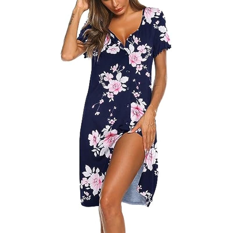 Ekouaer Womens Nightshirt Short Sleeve Button Down Nightgown V-Neck Sleepwear Pajama Dress