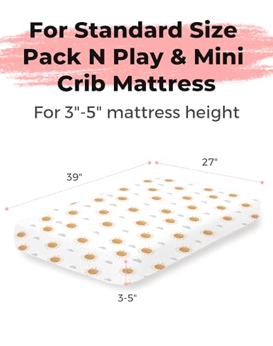 Image of Pack and Play Sheets 2 Pack, Fitted Jersey Knit Mini Crib Sheets for Baby Boys and Girls, Compatible with Graco Pack N Play and Mini Crib Mattress (Sunny Morning, Pack N Play /Mini Crib Sheets)
