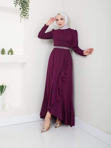Hijab Evening Dress with Flounce Skirt and Stone Belt 24974