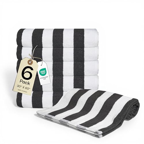 Salt Earth Cotton Striped Beach Cabana Towel 6 Pack - 30x60 Quick Dry Towels Pool Essentials Travel Gym & Bathroom Towels Oversized Beach Vacation EssentialsSteel Grey