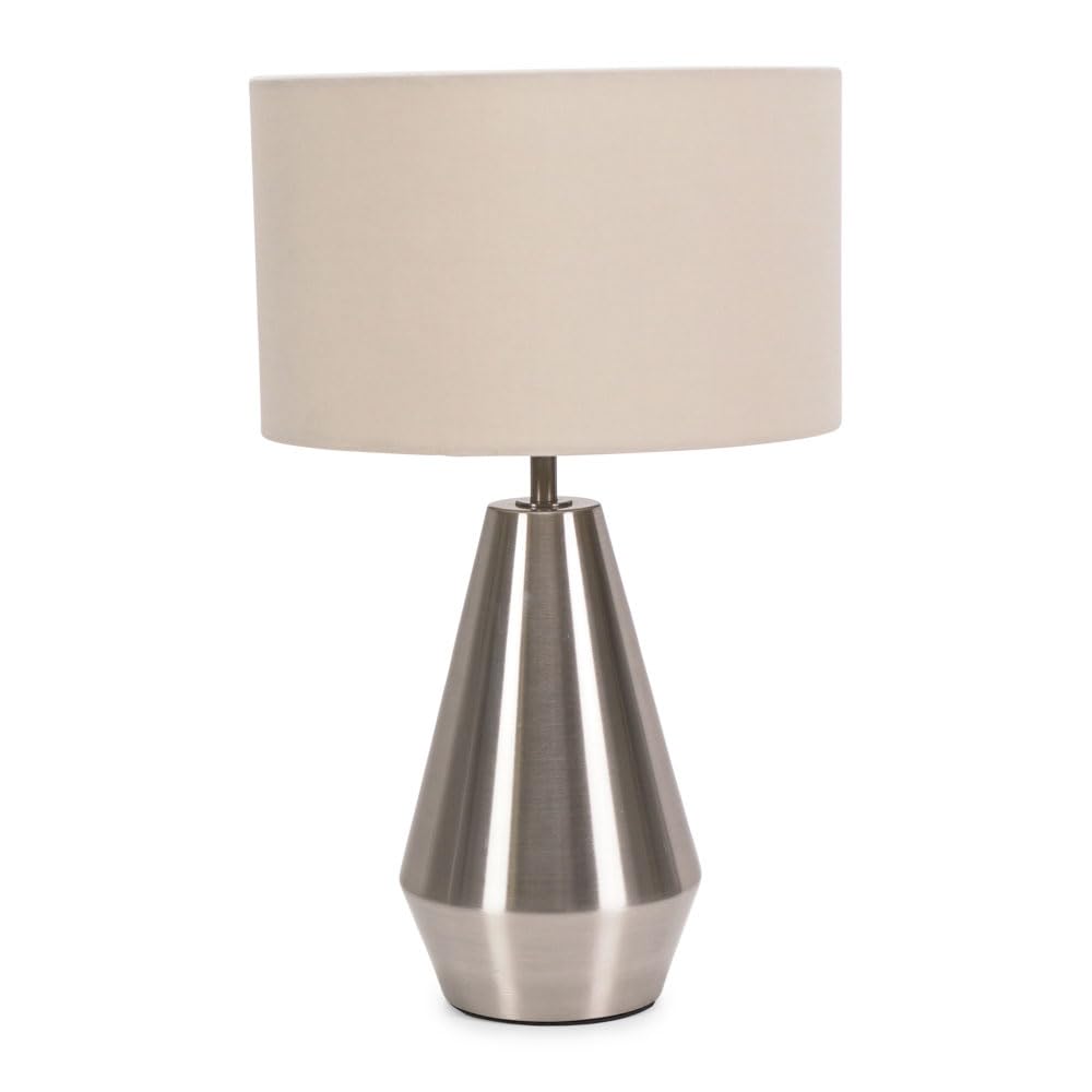 ValueLights Jax Brushed Chrome Dimmable Touch Table Lamp with Fabric Drum Shade in Nude