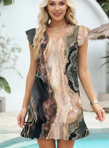Image of QACOHU Spring Summer Dresses for Women 2026 V Neck Cap Sleeve Ruffle Hem Smock Short Casual Beach Dress