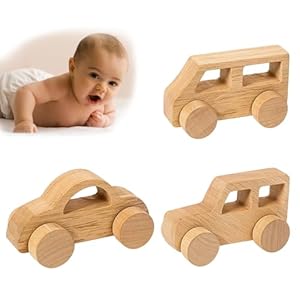 3 Piece Wooden Cars, Natural Wooden Baby Toys for 6-18 Months, Toddler Cars for Fine Motor Skills Development, Montessori Toys for Teething Relief and Imaginative Play