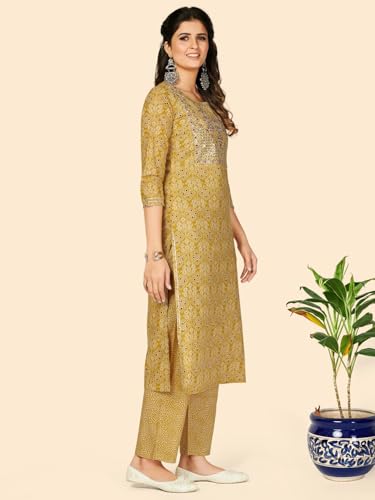 Image of Vbuyz Women's Printed & Embellished & Mirror Work Straight Cotton Stitched Kurta set | Straight Kurta Pant Dupatta | Kurta Set with Dupatta for Women | Suit Set | Ethnic Set | Printed Kurta Set