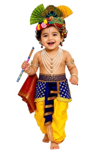 Image of BLU VAPOUR Krishna dress for Kids, krishna dress for baby boy, kanha dress for kids, krishna costume for baby boy,krishna costume for Janmashtami,3month to 7 years, Blue, Red & Yellow