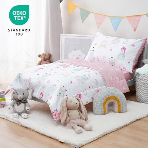 Image of david's kids 4 Piece Toddler Bedding Set - Soft Breathable Toddler Bedding Set for Girls, Includes Quilted Comforter, Flat Sheet, Fitted Sheet and Pillowcase, Princess
