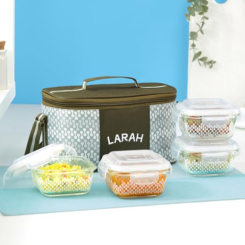 Image of Larah Glassware Gracia Green Borosilicate Glass Lunchbox with Bag | Microwave & Dishwasher Safe, Leakproof | Tiffin for Office, School, College (320ml x 4)