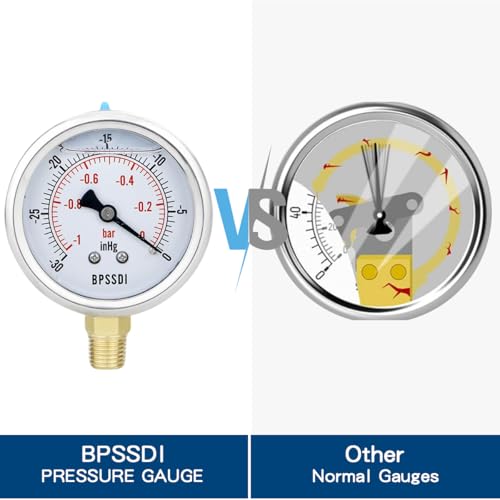 Image of 30 inHg Vacuum Silicone Oil Liquid Filled Low Pressure Gauge, Water Pressure Gauge, 2-1 /2 inch Dial, 1 /4 inch NPT Lower Mount, Stainless Steel Case, for Pneumatic Regulator Air Compressor RV Regulator Test