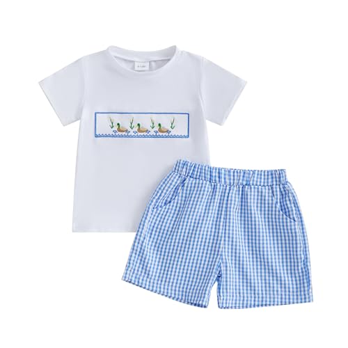 Image of Arvbitana Toddler Baby Boy Hunting Outfit Summer Short Sleeve Mallard Duck T-shirt Checkered Plaid Shorts Two Piece Clothes