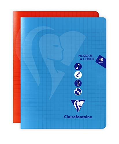 Clairefontaine 303797C Un Cahier Agrafé Musique & Chant - 17x22 cm - 48 Pages Grands Carreaux et Portées avec Lignes - Papier Blanc 90 g - Couverture Polypro Transparent - Couleur Aléatoire