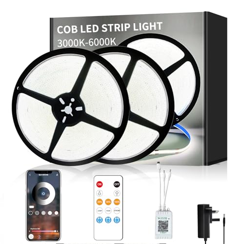 Yeewhale COB LED Strip Lights 6000K 30M 24V Dimmable White LED Strip Kit, with Remote and app Control and UKCA Power Supply LED Tape Lights for DIY Home Decoration