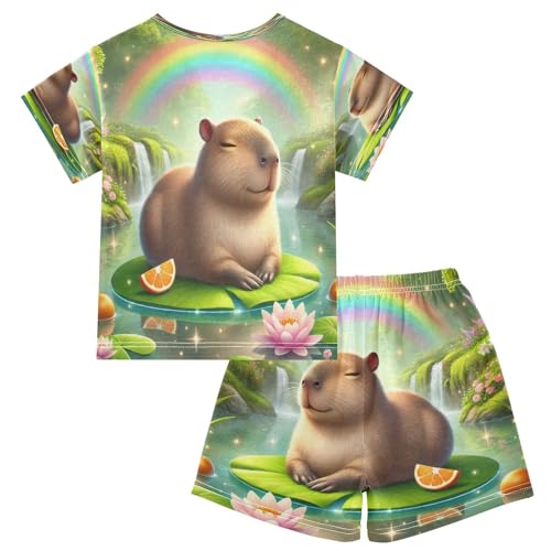 Capybara Rainbow Pajama Set Short Sleeve Pajamas Shorts Sets Cotton PJS 2 Piece Clothes Set 5Y2