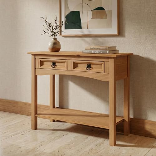 Image of Solid Wood Console Table with 2 Drawers and Lower Shelf - Classic Rustic Entryway Accent Table for Living Room and Hallway - Pine Wax