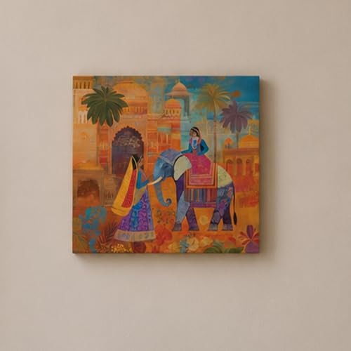 Image of PAINTINGMANTRA Rajasthani Elephant Art Stretched Canvas Painting for Living Room | Indian Ethnic Painting Wall Decor Art For Livingroom, Bedroom, Office, Hallways - 16x16 Inch