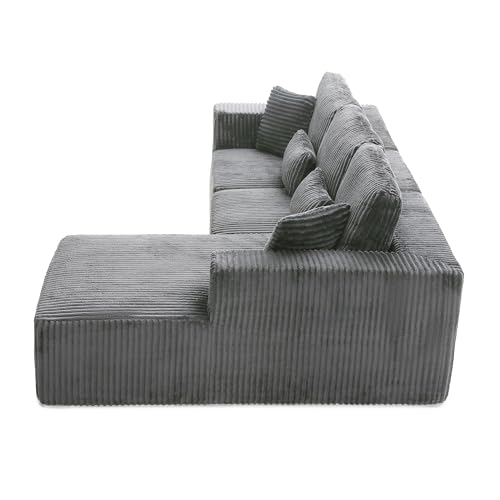 Image of L Shaped Modular Boneless Sectional Couches for Living Room, Wide Armrest, Deep Seat, Memory Foam, Assembly Free, Modern Comfy Corduroy Fluffy Cloud Sofa with Right Chaise, Grey