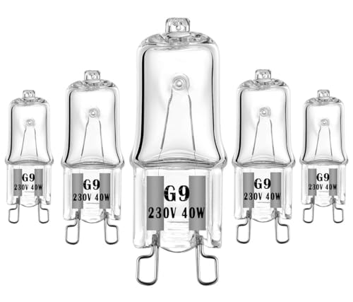 VINBE Lámpara halógena especial G9 de 40 W para lámpara de horno microondas y lámpara de horno, lámpara halógena de 230 v tolerante hasta 300 grados C (paquete de 5)
