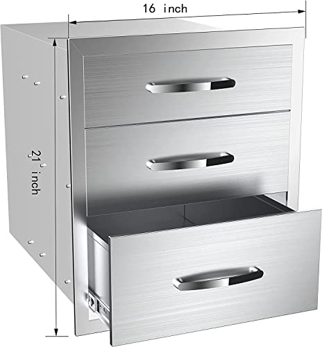 Image of 16''W x 21''H x 23''D Outdoor Kitchen Triple Access Drawers Stainless Steel, Flush Mount BBQ with Handles BBQ Island for Outdoor Kitchens or Patio Grill Station