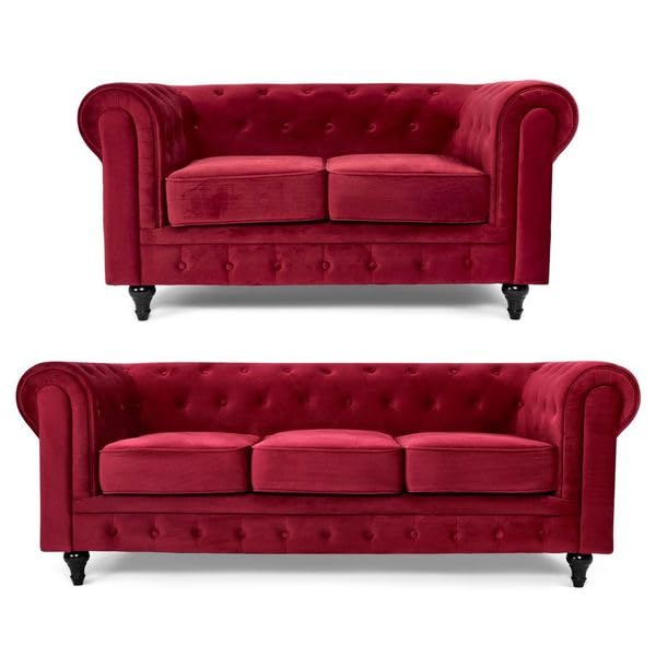 Bravich Velvet Chesterfield Sofa- Wine Red. Two & Three Seater Sofa Set, Soft Plush Fabric Couch. Living Room Furniture, Easy Clean. 2+3 Seater, H-8200-VLV-WR-S32