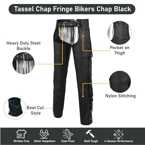 Route66 Highway Leather Tassel Chap Fringe Chaps Motorcycle Riding Bikers Chap Black thumb #6