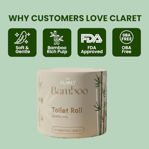 Claret Bamboo Toilet Roll 3-Ply | 300 Pulls | 10 x 10 cm | Ultra Soft Eco-Friendly Tissue | OBA-Free Natural Bamboo Pulp | Gentle & Septic Safe (Pack Of 10) - Image 3 thumbnail