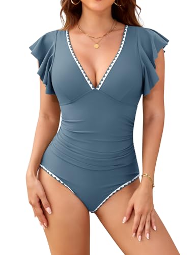 Nadeer Bañadores Mujer Reductores Trajes de Baño Una Pieza Push Up Sexy Cuello en V sin Espalda Monokini Manga con Volantes Ropa de Baño para Piscinas de Playa(Azul Cielo,M)