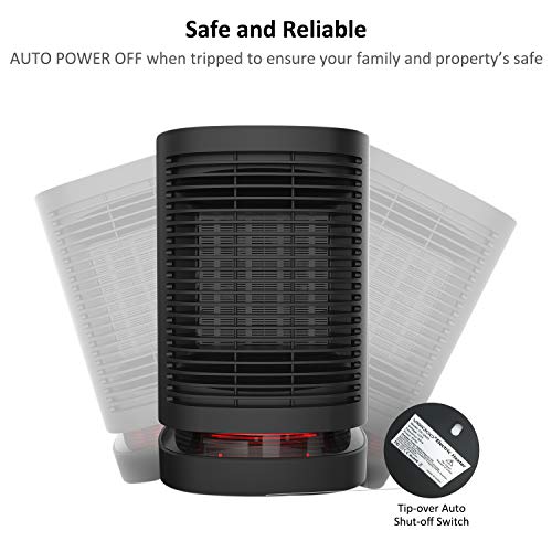 Veidoo 950W Portable Electric Oscillating PTC Ceramic Personal Space Heater with Overheating and Tip-Over Protection Quiet and Quick Heating up for Home and Office, Black - Thumbnail 3