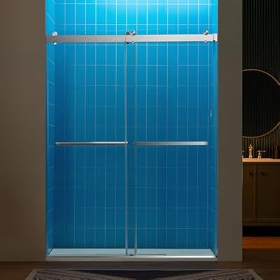 Woodbridge 56-60" W x 80" H Frameless Double Sliding Soft-Close Shower Door,3/8(10mm) Tempered Glass with Explosion Proof Film in Brushed Nickel Finish