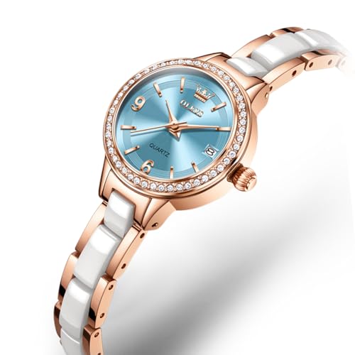 Image of OLEVS Women's Quartz Watches - Elegant Oval Diamond Dress Watch with Ceramic Band, 30M Waterproof Ladies Wrist Watch for Dress & Casual Wear (Rose Gold Blue /Red /Purple /White)