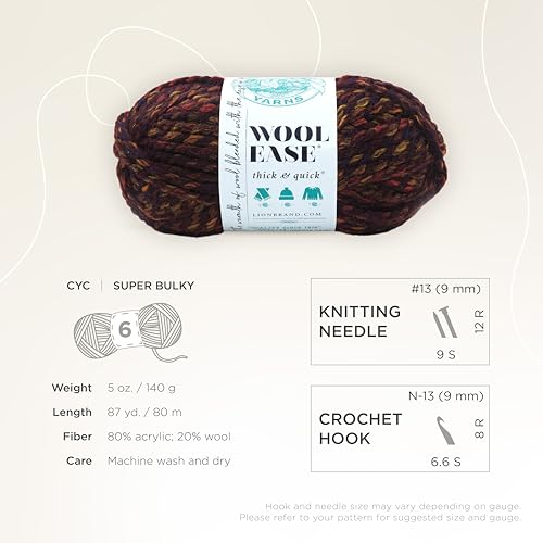 Image of Lion Brand Yarn, Wool-Ease Thick & Quick, Harvest, Brown Stripes, 3 Pack | Super Bulky Wool Acrylic Blend Fiber for Soft Hats, Sweaters, Chunky Blankets, Yarn for Crochet, Knitting, Crafts, Weaving