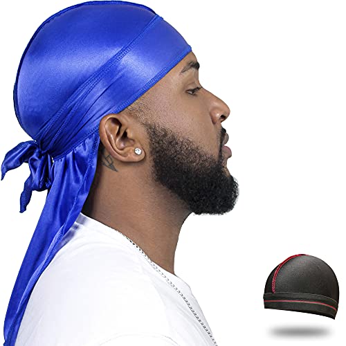 Silky Durag for Men Wave Cap Satin Dorag for Men Women 360 Wave Blue