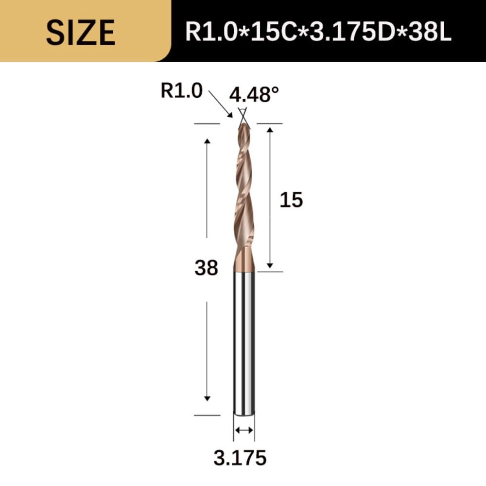 Frez stożkowy spiralny, frezy z końcówką kulistą 3,175/4/6 mm, frez z 2 rowkami z węglika wolframu do obróbki metalu i drewna, 1 szt.(R1.0x15Cx3.175Dx38L)