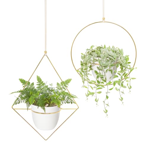 Mkono Metal Hanging Planters for Indoor Plants with Plastic Pots, Set of 2 Modern Mid Century Flower Pot Plant Holder in Diamond and Circle Shape, Fits 6 Inch, Gold