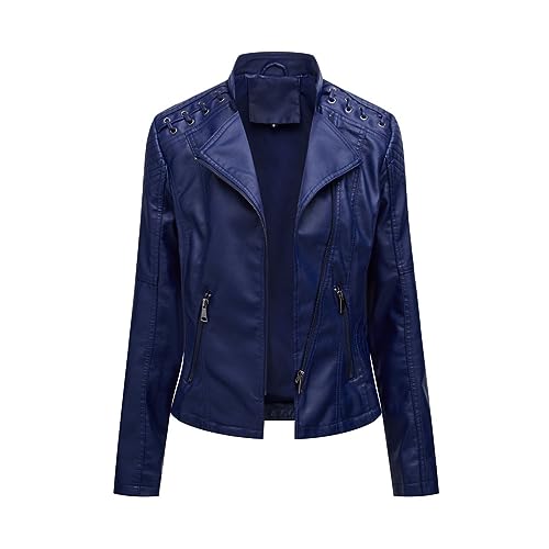 Blouson moto biker femme coupe cintrée en simili cuir bleu