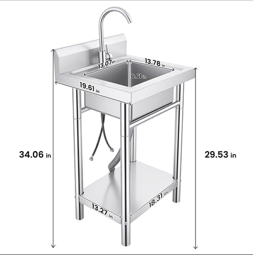 360°Rotation & Removable Strainer Stainless Steel Utility Sink, Commercial Kitchen Single Bowl Sink, Stainless Steel Sink with Bottom Partition Board for Bar, Restaurant
