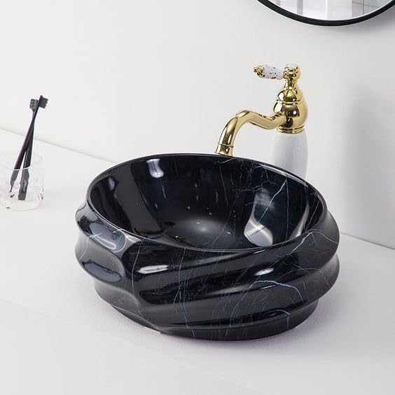 Image of Designer Glossy Finish Ceramic Art Table Top Wash Basin For Bathroom | Collapsible Countertop Washbasin (Black White Glossy Art, 16 x 13 x 6 Inch)