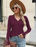 IECCP Damski lekki sweter z dzianiny, dekolt w serek, długi rękaw, dekoracyjne guziki, elegancki sweter, na jesień, zimę, do noszenia na co, czerwony (Weinrot), XXL