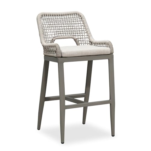 Image of PURPLE LEAF Bar Stool 1 Piece Bar Height Metal Chair with Back Modern Tall Comfy Wicker Woven Boho Garden Pool Patio Outdoor Barstool, Light Grey