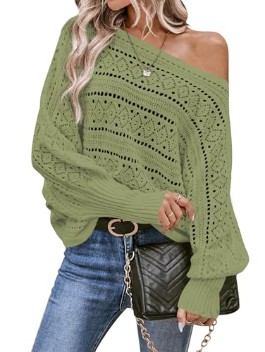Image of Cakulo Womens Off Shoulder Sweater Top Fall Outfits Fashion 2025 Oversized Knit Batwing Long Sleeve Crochet Pullover Sweaters
