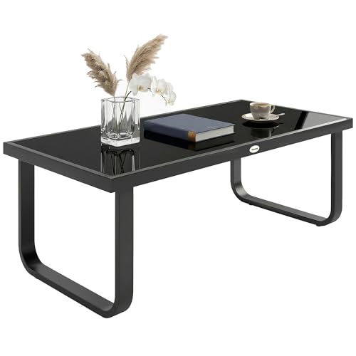 Outsunny Table Basse de Jardin Rectangulaire, Pieds Incurvés, Plateau en Verre Trempé, Table d'Appoint pour Terrasse Balcon Jardin, 90x45x33cm, Noir