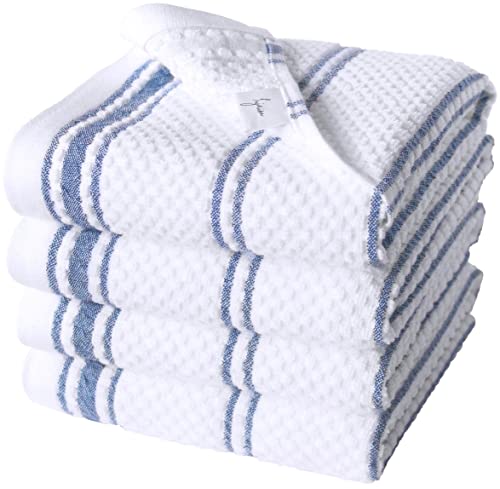 Premium Kitchen Towels – Large Dish Towels (20”X 30”) – 100% Cotton Terry Towel – Highly Absorbent Kitchen Towels– Super Soft Hand Towels With Hanging Loop (4 Pack)- White With Blue Stripes #TOP26