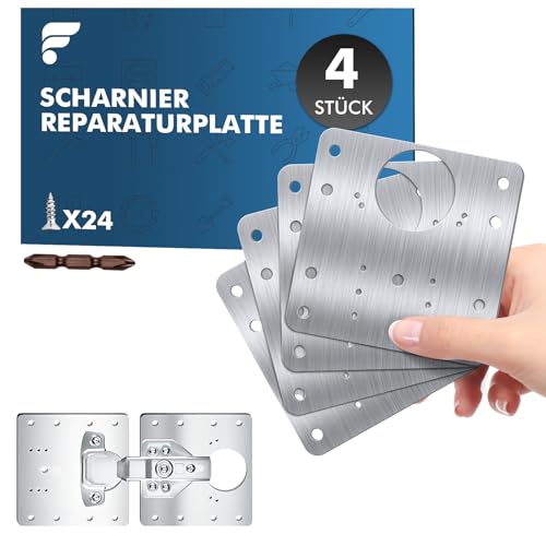 Shinfly Edelstahl Scharnier Reparaturplatte 9x9 cm, Scharnier Reparaturplatte mit 4 Stück und 24 Schrauben, Zur Reparatur Scharniere für Schranktüren, Kleiderschrank und Möbel