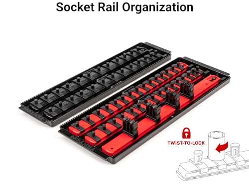 Image of TEKTON 1 /4 Inch Drive 6-Point Socket and Ratchet Set with Rails and Trays, 57-Piece (5 /32-9 /16 in., 4-15 mm) | SKT03301