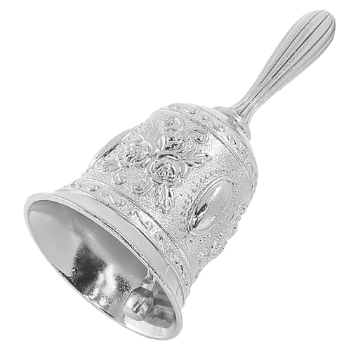 Rierdge Metal Bell with Engraving Hand Operated Decorative Bell - Loud and Clear Calling Bell for Ergonomic Handle Classroom Dinner Meditation Service (Silver)