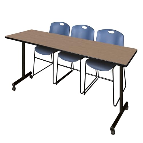 Image of Regency Kobe 84 x 24 in. Mobile T-Base Training Table- Noble Oak, 2 Zeng Stack Chairs- Blue