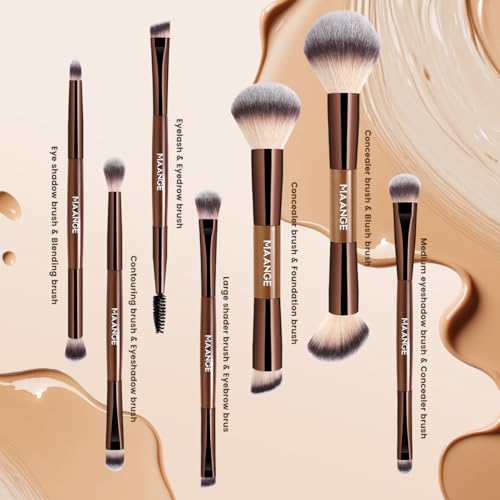 MAANGE 7 PCS Makeup Brush Set, Double-ended Make Up Brushes Kabuki Contour Brush for Liquid Powder Foundation Concealer Blending Blush (Coffee) - Image 4